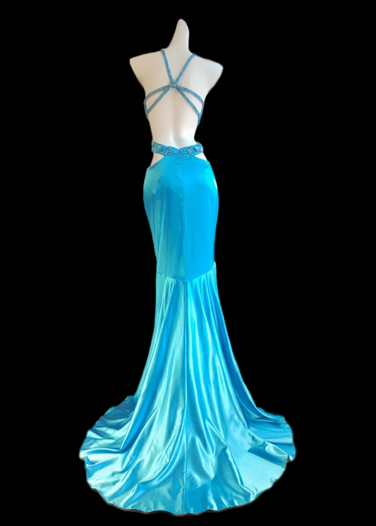 Attractive Spaghetti Straps Blue Prom Dress Sequins Cutouts Mermaid Formal Dress GG6850