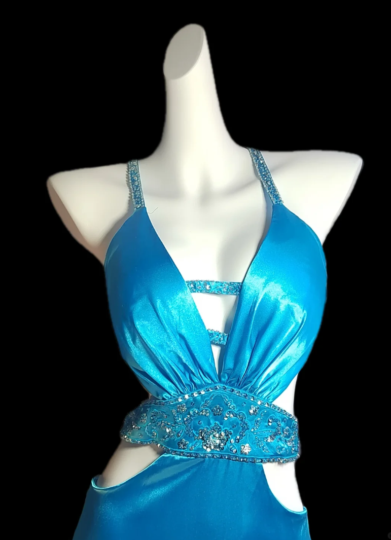 Attractive Spaghetti Straps Blue Prom Dress Sequins Cutouts Mermaid Formal Dress GG6850