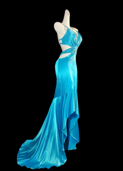 Attractive Spaghetti Straps Blue Prom Dress Sequins Cutouts Mermaid Formal Dress GG6850