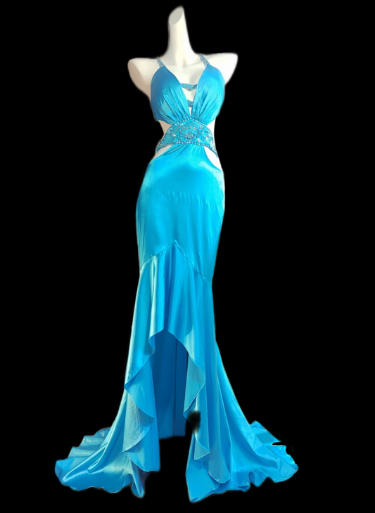Attractive Spaghetti Straps Blue Prom Dress Sequins Cutouts Mermaid Formal Dress GG6850