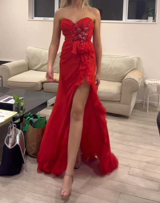 Romantic Spaghetti Straps Red Prom Dress Ruffles Beaded Slit Mermaid Formal Dress GG6851