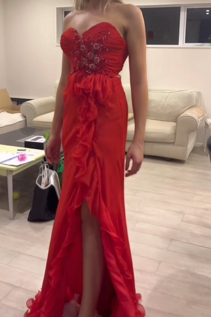 Romantic Spaghetti Straps Red Prom Dress Ruffles Beaded Slit Mermaid Formal Dress GG6851