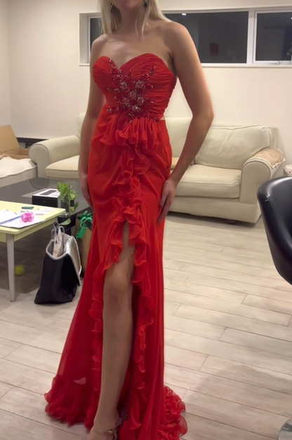 Romantic Spaghetti Straps Red Prom Dress Ruffles Beaded Slit Mermaid Formal Dress GG6851