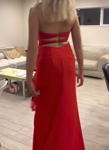 Romantic Spaghetti Straps Red Prom Dress Ruffles Beaded Slit Mermaid Formal Dress GG6851
