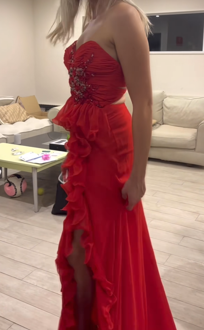 Romantic Spaghetti Straps Red Prom Dress Ruffles Beaded Slit Mermaid Formal Dress GG6851