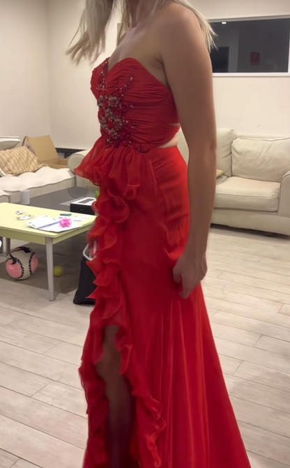 Romantic Spaghetti Straps Red Prom Dress Ruffles Beaded Slit Mermaid Formal Dress GG6851