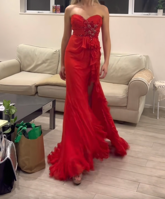 Romantic Spaghetti Straps Red Prom Dress Ruffles Beaded Slit Mermaid Formal Dress GG6851