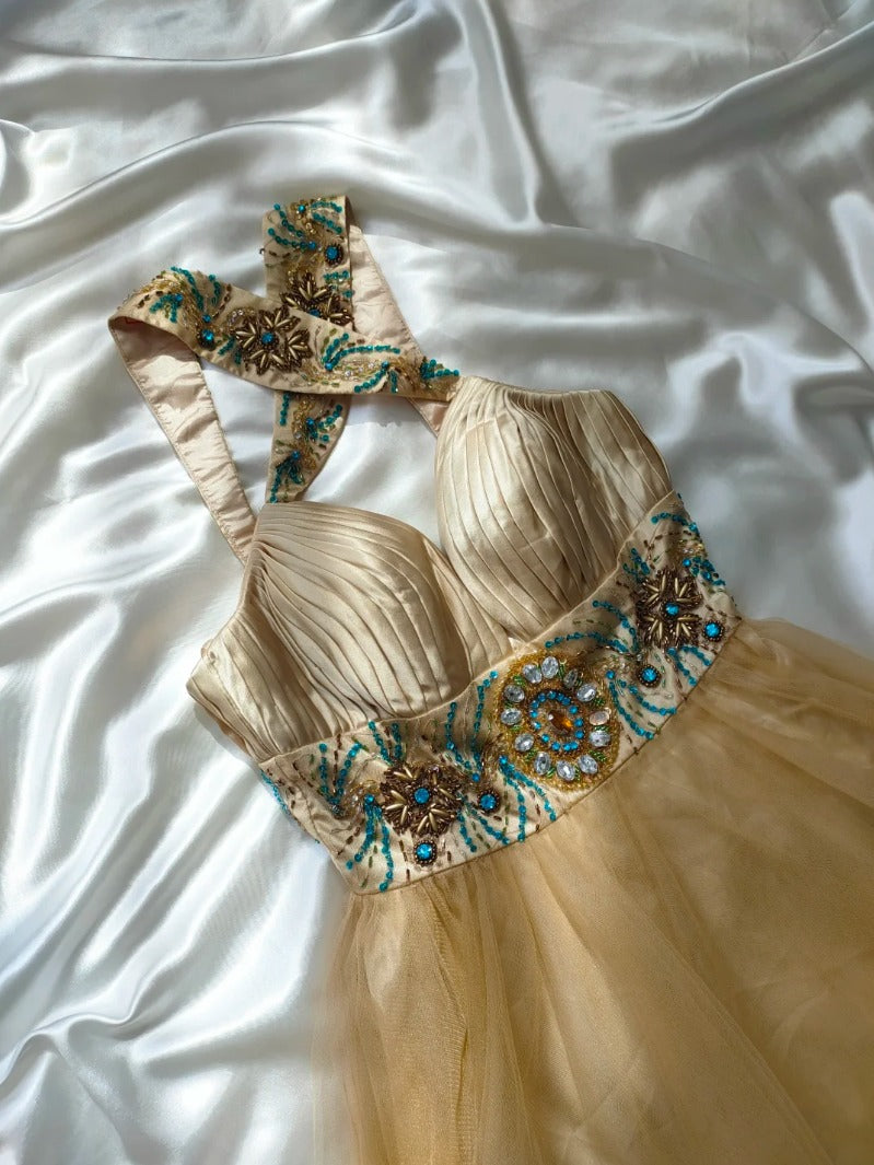Retro Spaghetti Strap Beige Homecoming Dress Applique Beaded A-Line Birthday Dress GG6852
