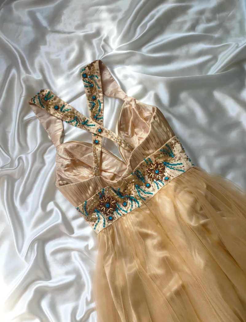 Retro Spaghetti Strap Beige Homecoming Dress Applique Beaded A-Line Birthday Dress GG6852
