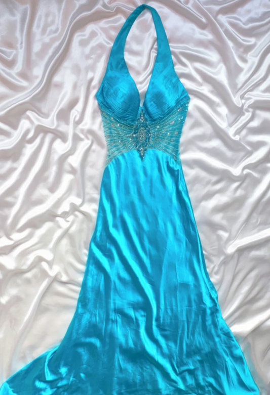 Ornate Halter Neck Blue Prom Dress Sequins Pleated A-Line Formal Dress GG6854