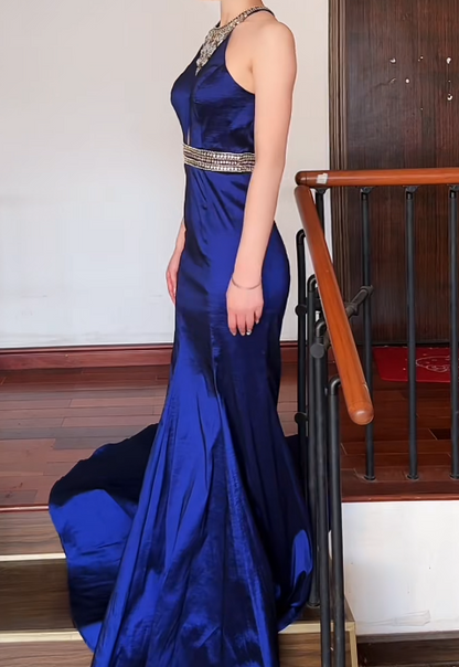 Unique Halter Neck Navy Blue Prom Dress Beaded Mermaid Formal Dress GG6855