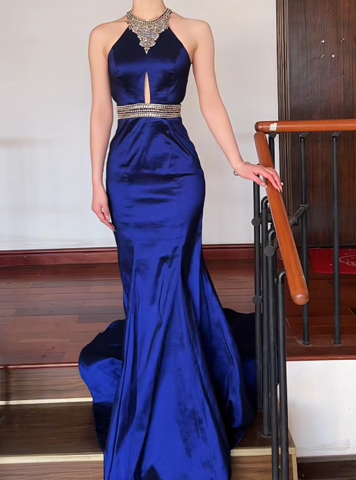 Unique Halter Neck Navy Blue Prom Dress Beaded Mermaid Formal Dress GG6855
