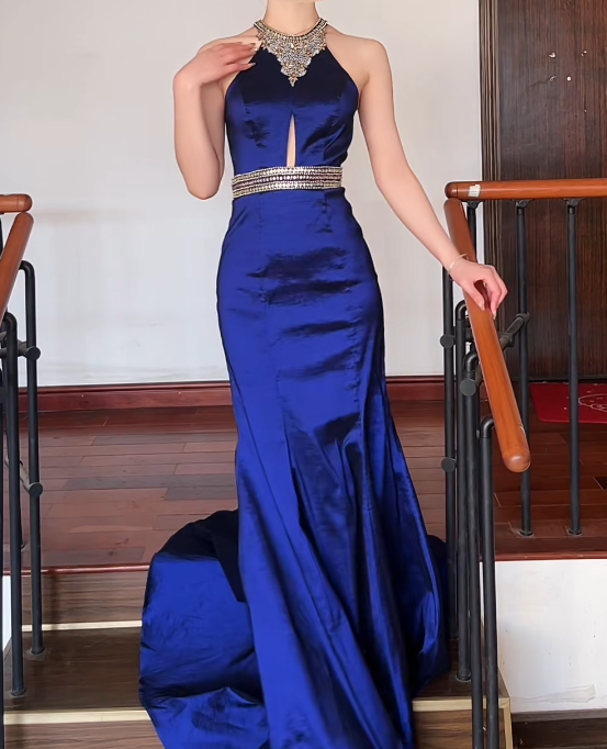 Unique Halter Neck Navy Blue Prom Dress Beaded Mermaid Formal Dress GG6855