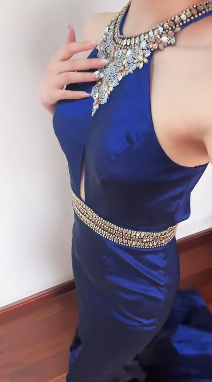 Unique Halter Neck Navy Blue Prom Dress Beaded Mermaid Formal Dress GG6855