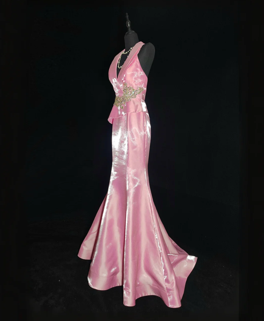 Lovely V Neck Pink Prom Dress Appliques Mermaid Formal Dress GG6857