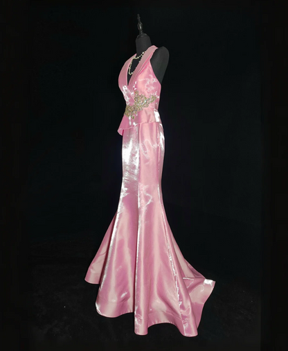 Lovely V Neck Pink Prom Dress Appliques Mermaid Formal Dress GG6857