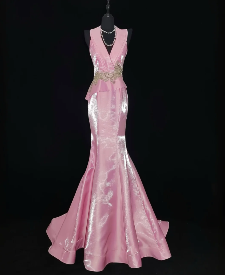 Lovely V Neck Pink Prom Dress Appliques Mermaid Formal Dress GG6857