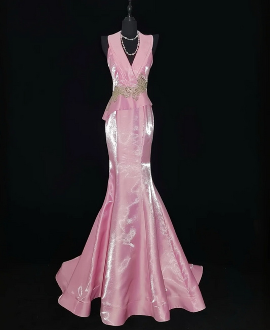 Lovely V Neck Pink Prom Dress Appliques Mermaid Formal Dress GG6857