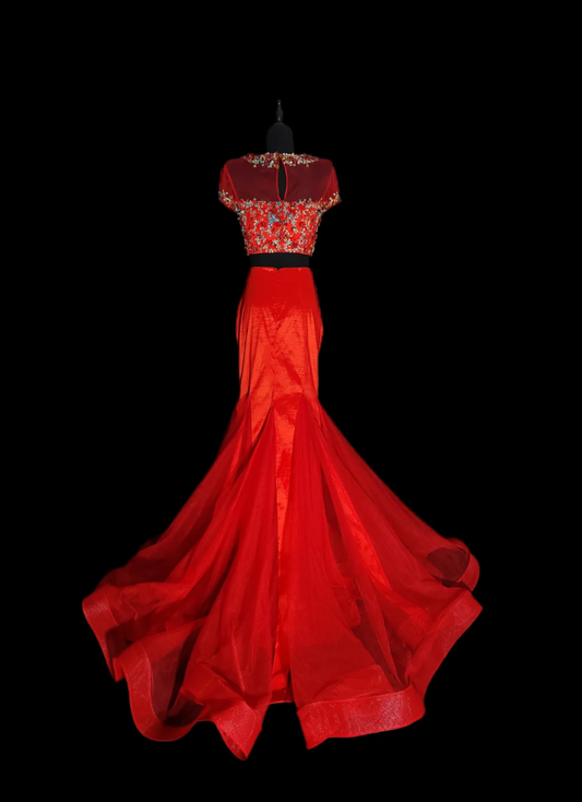 Chic Short Sleeve Red Prom Dress Two-Piece Sequins Mermaid Formal Dress GG6858