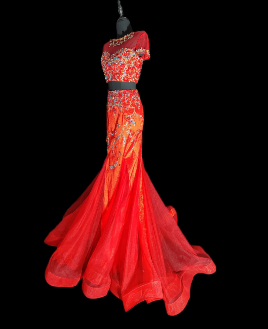 Chic Short Sleeve Red Prom Dress Two-Piece Sequins Mermaid Formal Dress GG6858