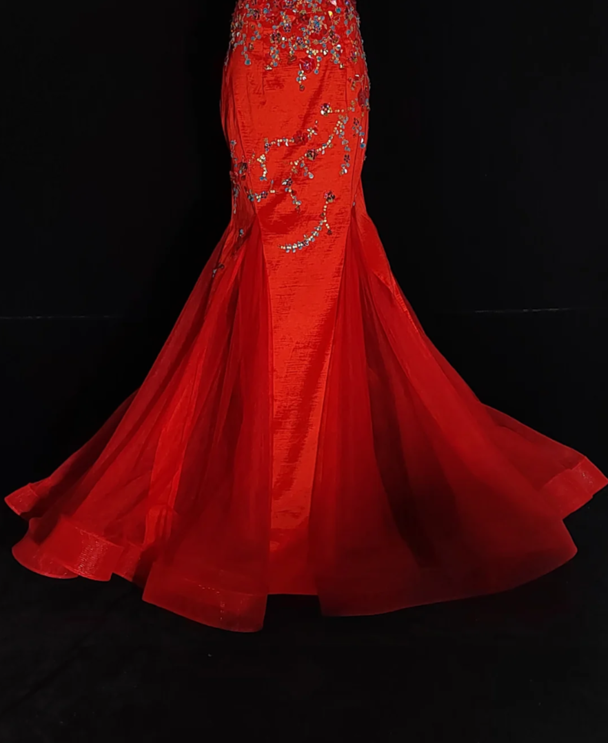 Chic Short Sleeve Red Prom Dress Two-Piece Sequins Mermaid Formal Dress GG6858
