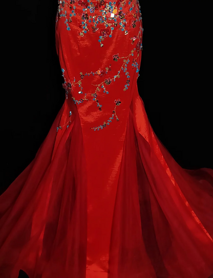 Chic Short Sleeve Red Prom Dress Two-Piece Sequins Mermaid Formal Dress GG6858