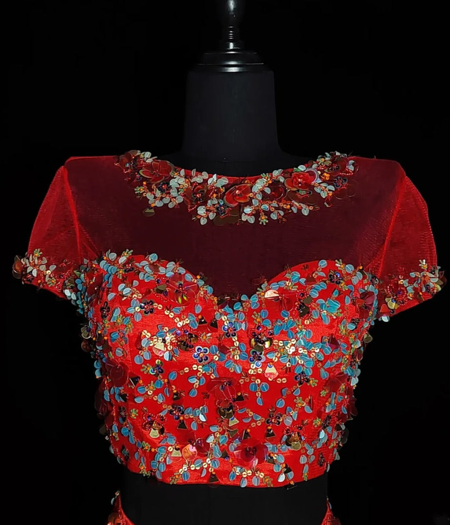 Chic Short Sleeve Red Prom Dress Two-Piece Sequins Mermaid Formal Dress GG6858