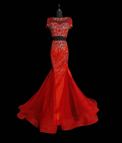 Chic Short Sleeve Red Prom Dress Two-Piece Sequins Mermaid Formal Dress GG6858