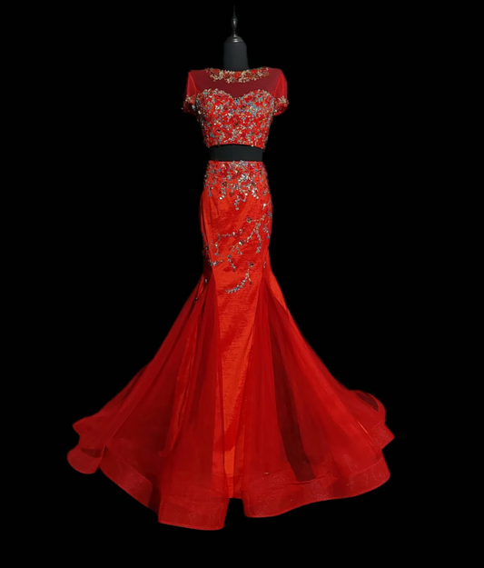 Chic Short Sleeve Red Prom Dress Two-Piece Sequins Mermaid Formal Dress GG6858