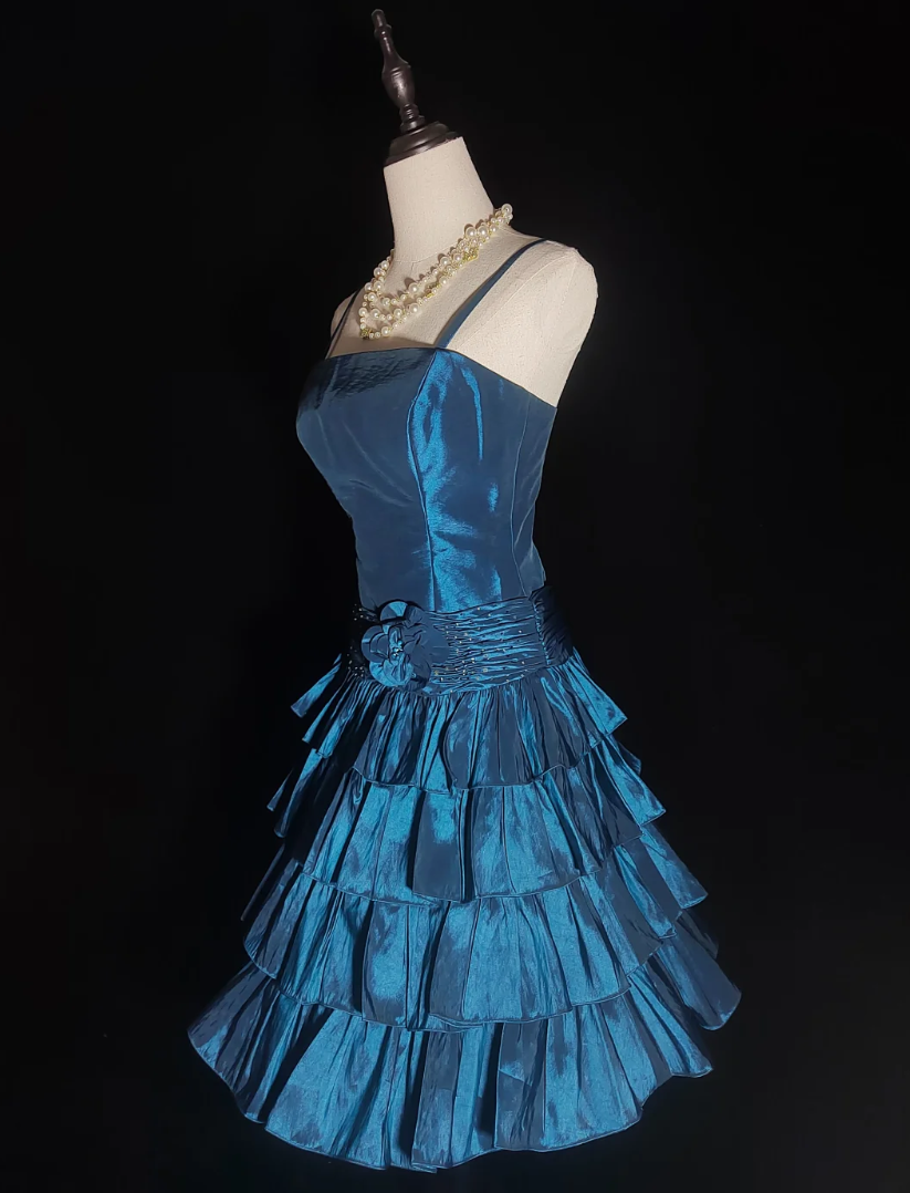 Cute Spaghetti Strap Tiered Homecoming Dress Blue Sequins Floral A-Line Birthday Dress GG6859