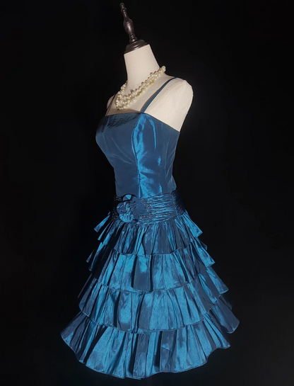 Cute Spaghetti Strap Tiered Homecoming Dress Blue Sequins Floral A-Line Birthday Dress GG6859