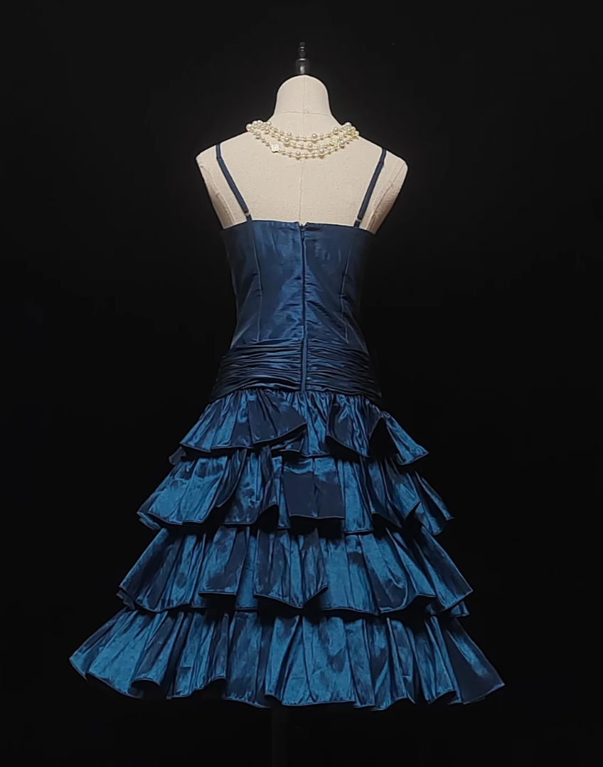 Cute Spaghetti Strap Tiered Homecoming Dress Blue Sequins Floral A-Line Birthday Dress GG6859