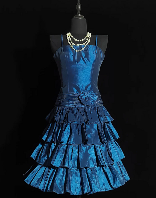 Cute Spaghetti Strap Tiered Homecoming Dress Blue Sequins Floral A-Line Birthday Dress GG6859