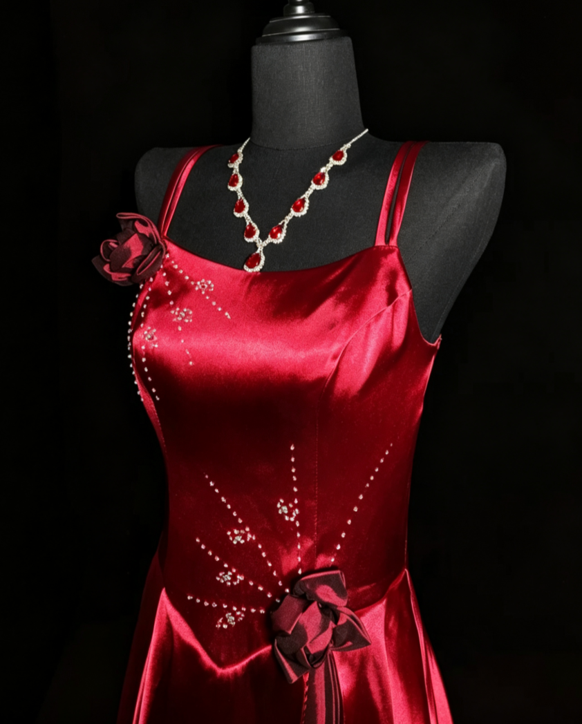 Alluring Spaghetti Straps Red Prom Dress Floral Sequins A-Line Formal Dress GG6860