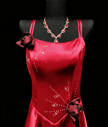 Alluring Spaghetti Straps Red Prom Dress Floral Sequins A-Line Formal Dress GG6860