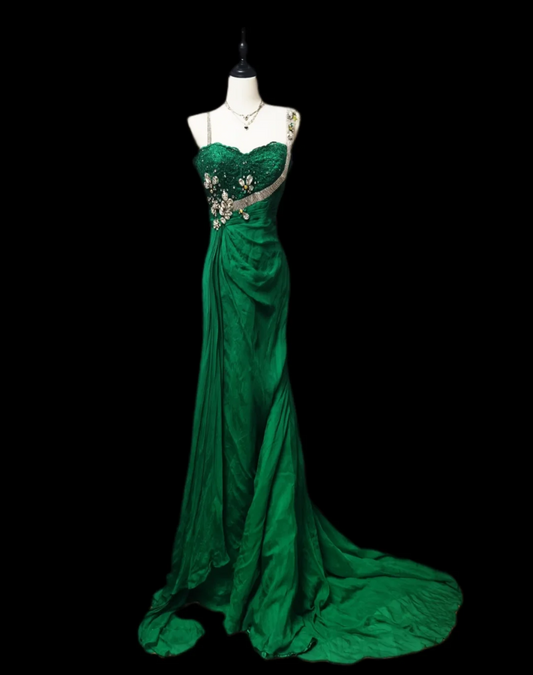 Unique Spaghetti Straps Green Prom Dress Crystals Mermaid Formal Dress GG6861