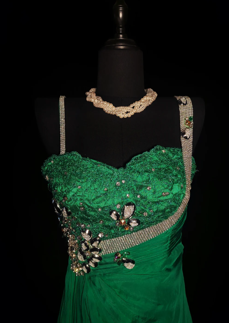 Unique Spaghetti Straps Green Prom Dress Crystals Mermaid Formal Dress GG6861
