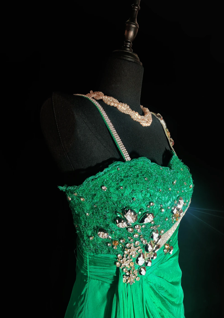 Unique Spaghetti Straps Green Prom Dress Crystals Mermaid Formal Dress GG6861