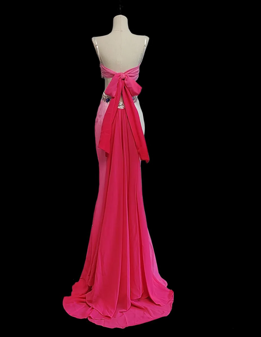 Enchanting Spaghetti Straps Pink Prom Dress Rhinestones Backless Mermaid Formal Dress GG6865