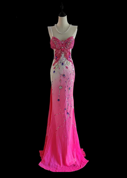 Enchanting Spaghetti Straps Pink Prom Dress Rhinestones Backless Mermaid Formal Dress GG6865