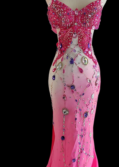 Enchanting Spaghetti Straps Pink Prom Dress Rhinestones Backless Mermaid Formal Dress GG6865