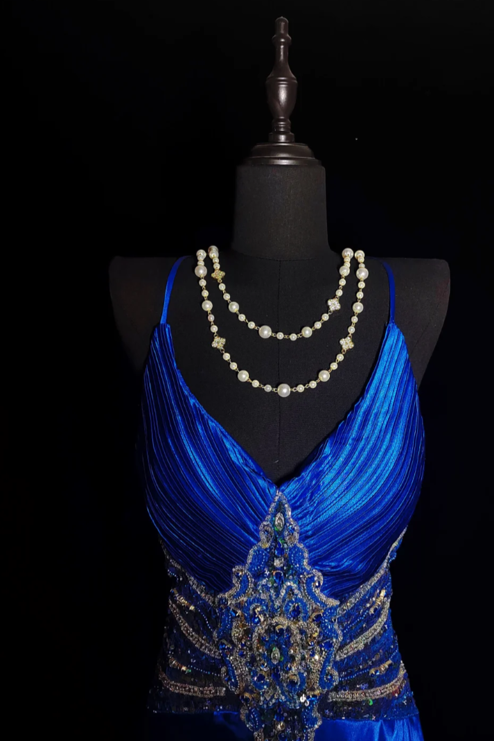 Ornate Spaghetti Strap Blue Prom Dress Sequins A-Line Evening Dress GG6866