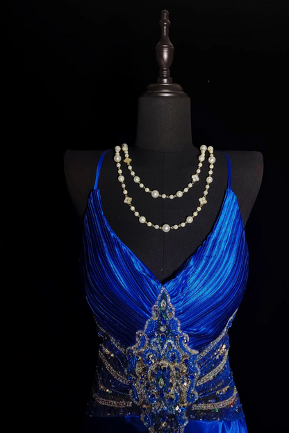 Ornate Spaghetti Strap Blue Prom Dress Sequins A-Line Evening Dress GG6866