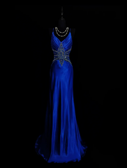 Ornate Spaghetti Strap Blue Prom Dress Sequins A-Line Evening Dress GG6866