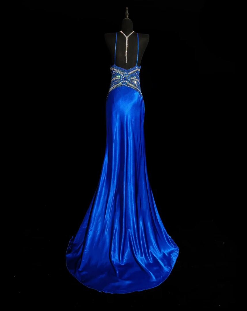 Ornate Spaghetti Strap Blue Prom Dress Sequins A-Line Evening Dress GG6866