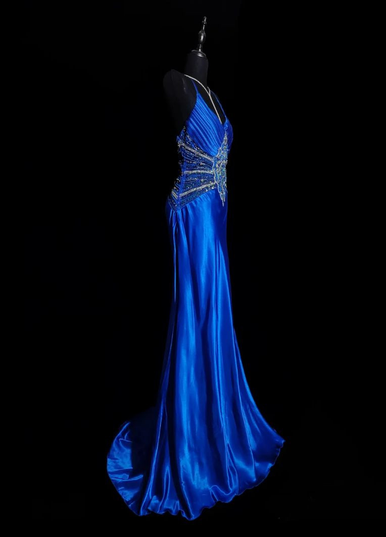 Ornate Spaghetti Strap Blue Prom Dress Sequins A-Line Evening Dress GG6866