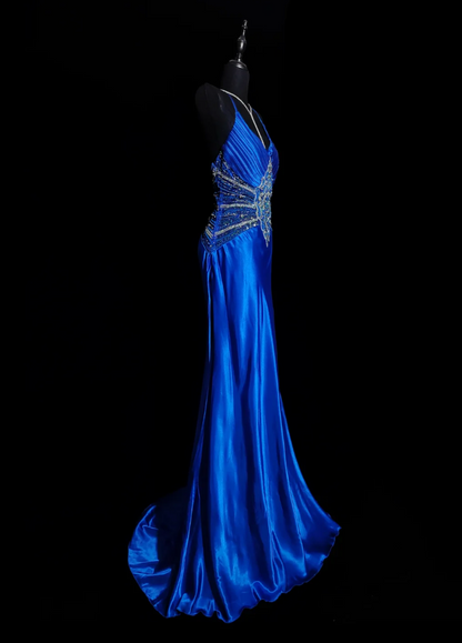 Ornate Spaghetti Strap Blue Prom Dress Sequins A-Line Evening Dress GG6866