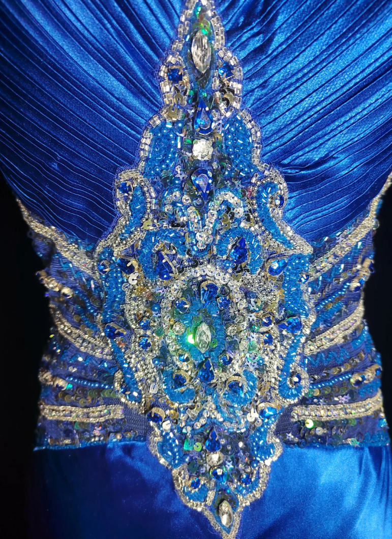 Ornate Spaghetti Strap Blue Prom Dress Sequins A-Line Evening Dress GG6866