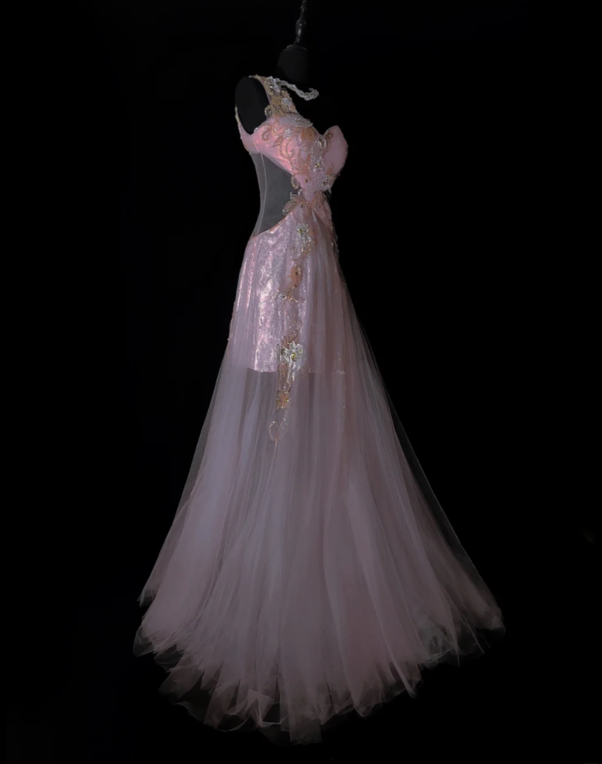 Glam One Shoulder Pink Prom Dress Beading Tulle A-Line Evening Dress GG6867