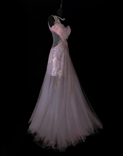 Glam One Shoulder Pink Prom Dress Beading Tulle A-Line Evening Dress GG6867